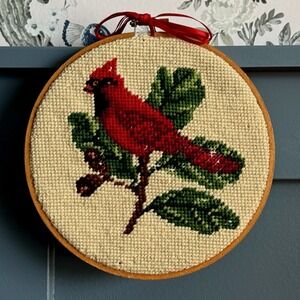 Vintage Cardinal Needlepoint Wall Art 8in Embroidery Hoop Framed Remembrance